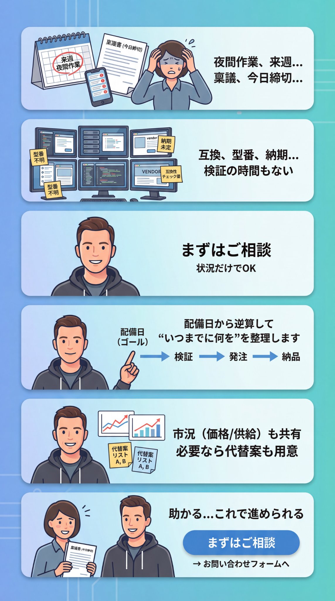 情シスの稟議・夜間作業・検証・調達の段取りを先回りして支援するRAMEXpertsの価値を紹介するマンガ