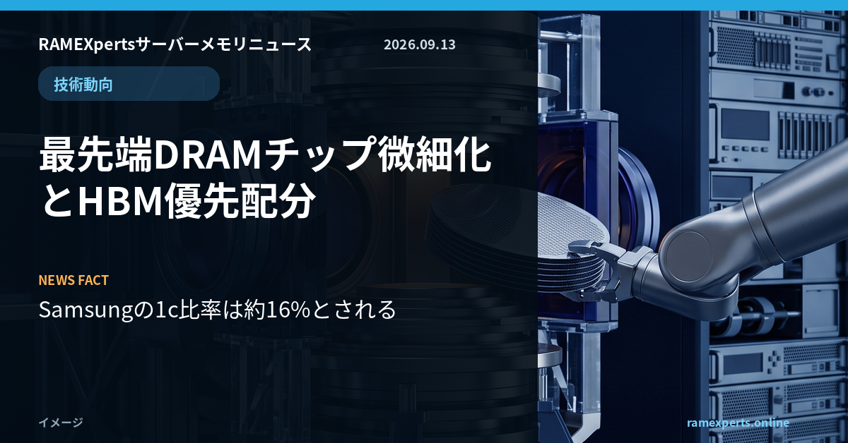 RAMEXpertsサーバーメモリニュース。技術動向。最先端DRAMチップ微細化とHBM優先配分。注目データはSamsungの1c比率は約16%とされる。