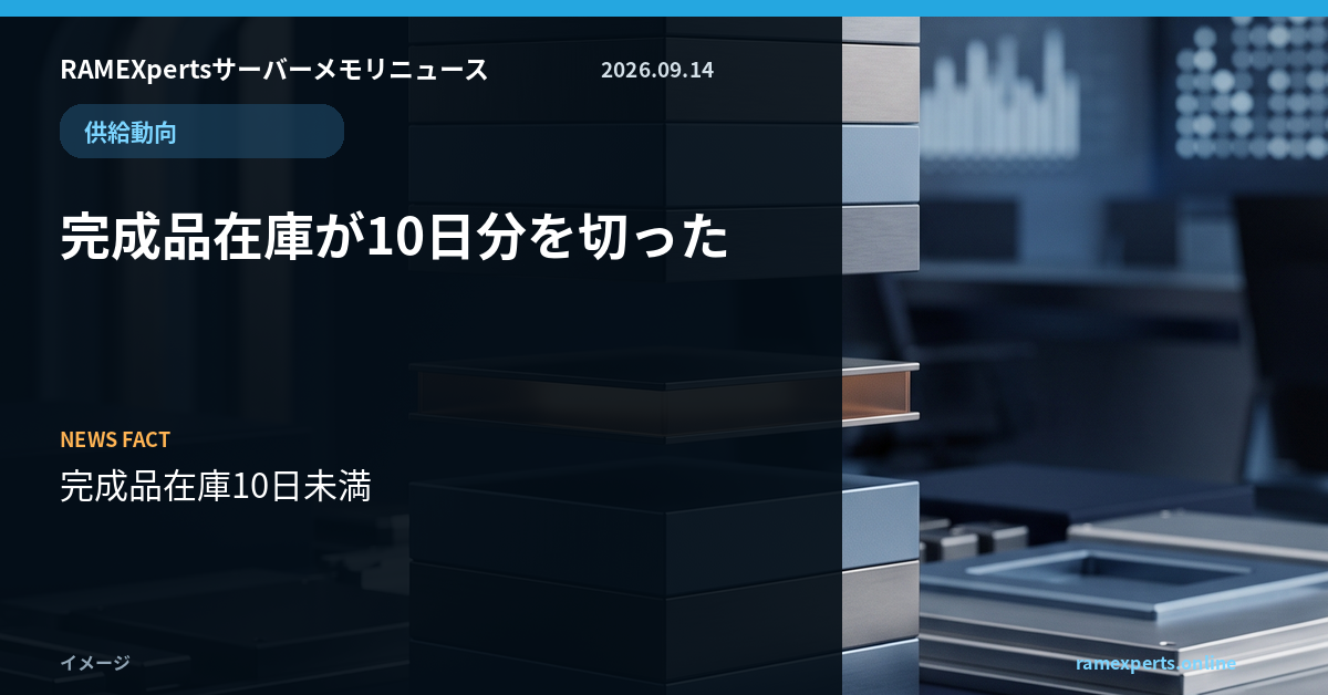 RAMEXpertsサーバーメモリニュース。供給動向。完成品在庫が10日分を切った。注目データは完成品在庫10日未満。