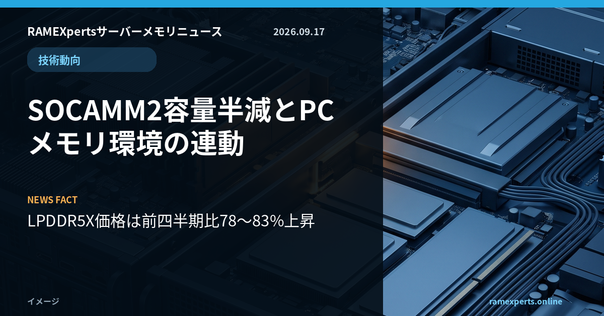 RAMEXpertsサーバーメモリニュース。技術動向。SOCAMM2容量半減とPCメモリ環境の連動。注目データはLPDDR5X価格は前四半期比78〜83%上昇。