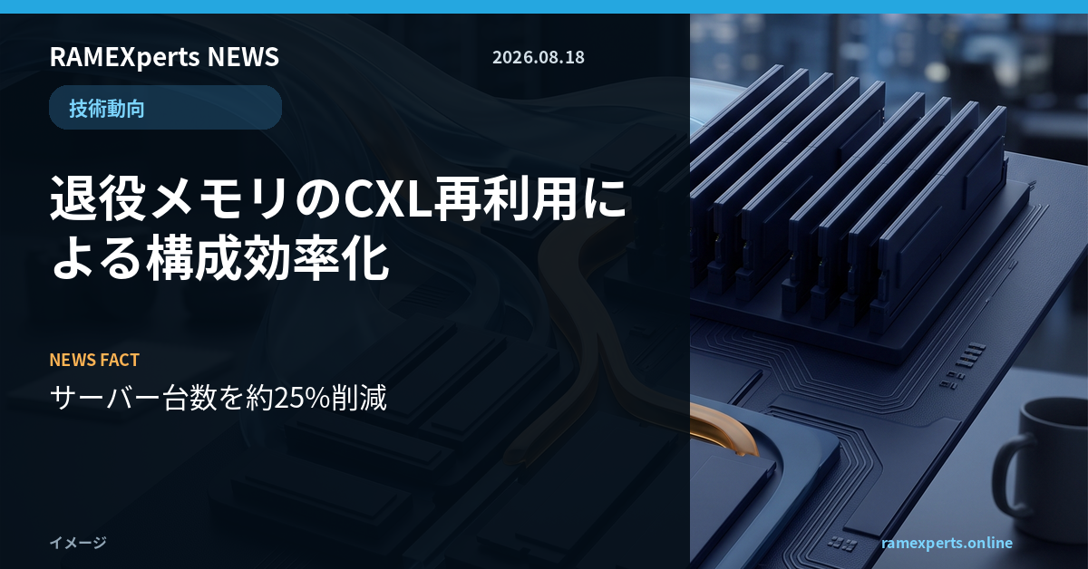 RAMEXperts朝刊。技術動向。退役メモリのCXL再利用による構成効率化。注目データはサーバー台数を約25%削減。