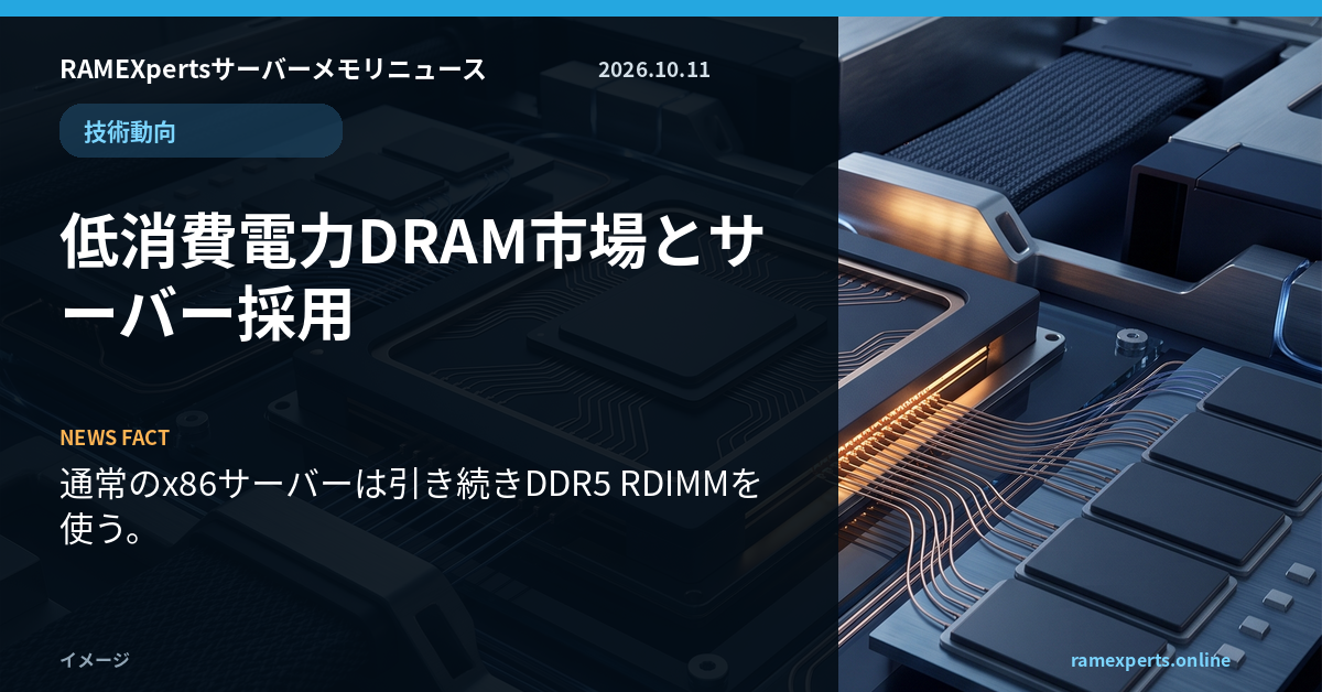 RAMEXpertsサーバーメモリニュース。技術動向。低消費電力DRAM市場とサーバー採用。注目データは通常のx86サーバーは引き続きDDR5 RDIMMを使う。