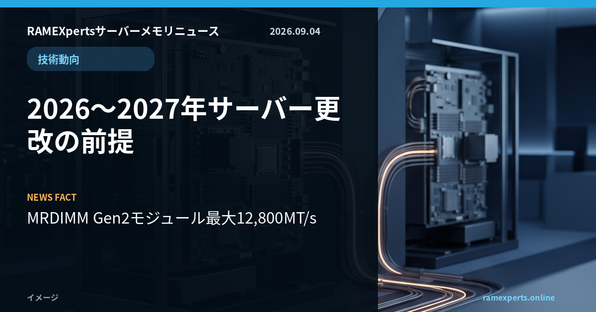 RAMEXpertsサーバーメモリニュース。技術動向。2026〜2027年サーバー更改の前提。注目データはMRDIMM Gen2モジュール最大12,800MT/s。