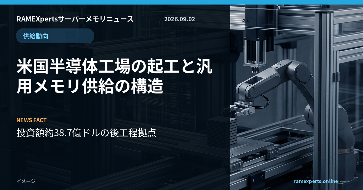 RAMEXpertsサーバーメモリニュース。供給動向。米国半導体工場の起工と汎用メモリ供給の構造。注目データは投資額約38.7億ドルの後工程拠点。