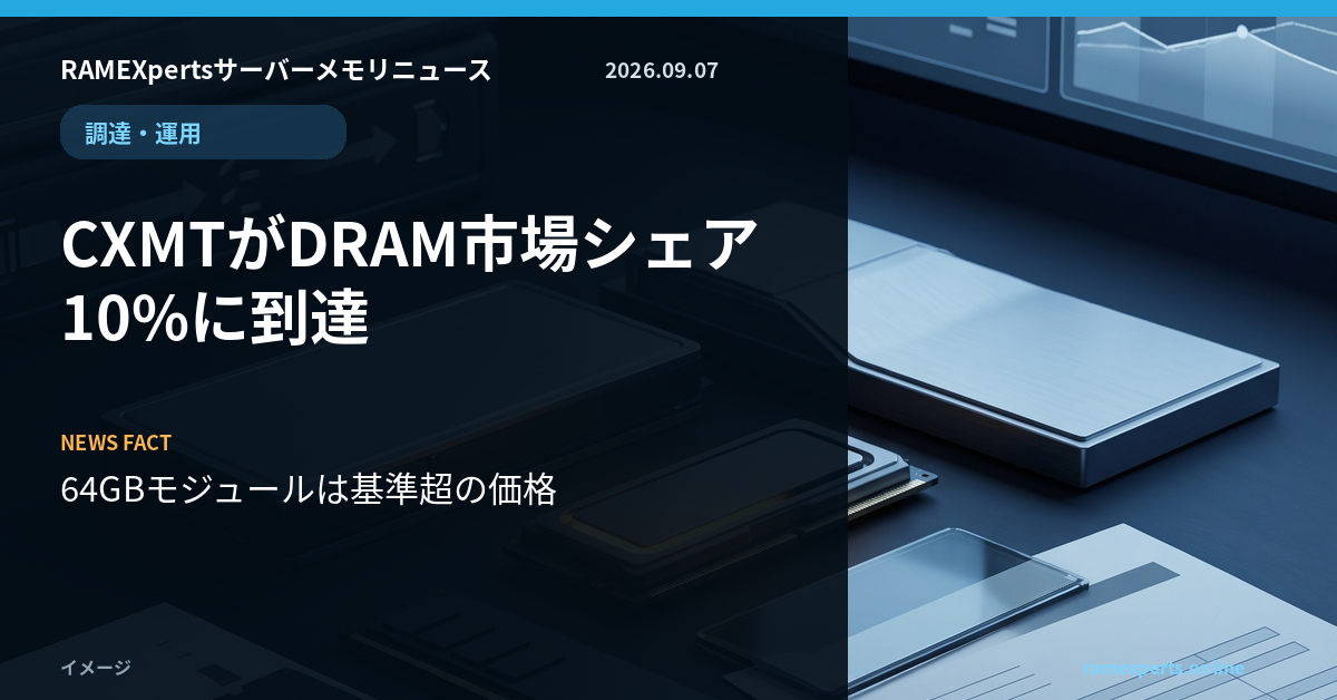 RAMEXpertsサーバーメモリニュース。調達・運用。CXMTがDRAM市場シェア10%に到達。注目データは64GBモジュールは基準超の価格。