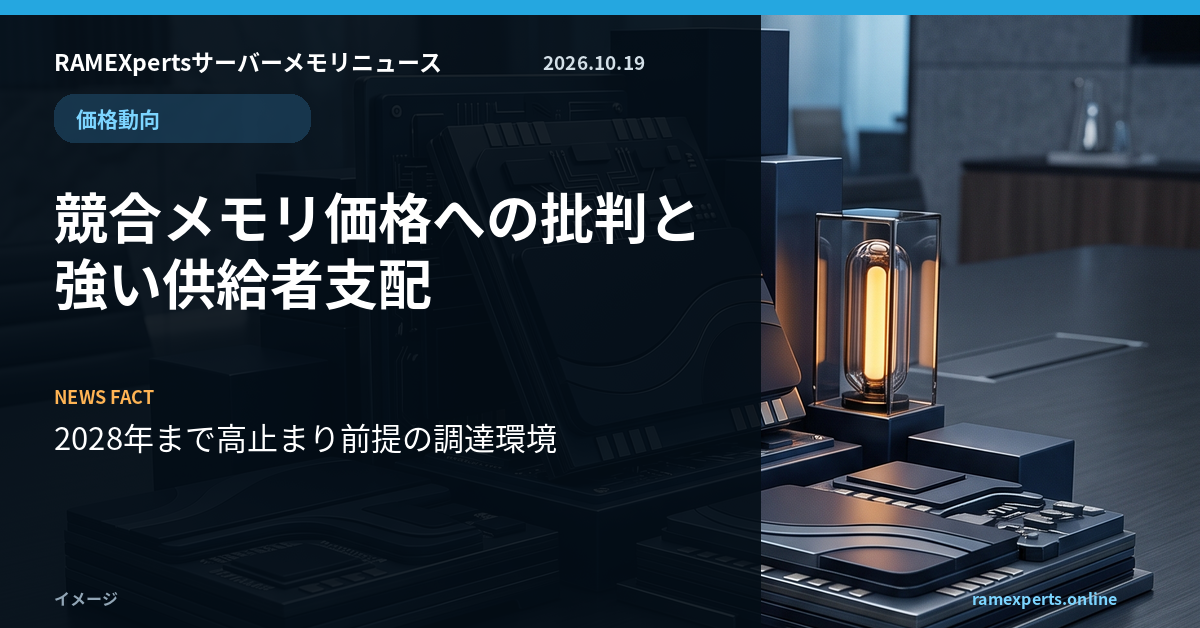 RAMEXpertsサーバーメモリニュース。価格動向。競合メモリ価格への批判と強い供給者支配。注目データは2028年まで高止まり前提の調達環境。