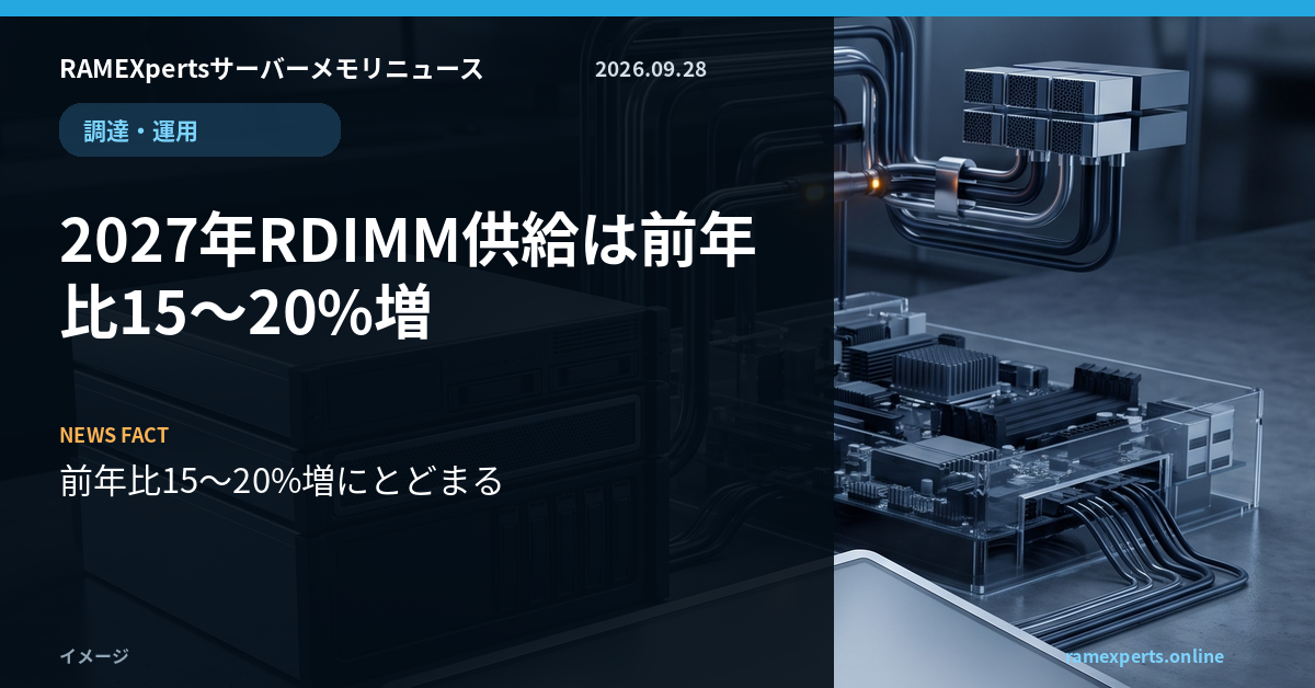 RAMEXpertsサーバーメモリニュース。調達・運用。2027年RDIMM供給は前年比15〜20%増。注目データは前年比15〜20%増にとどまる。