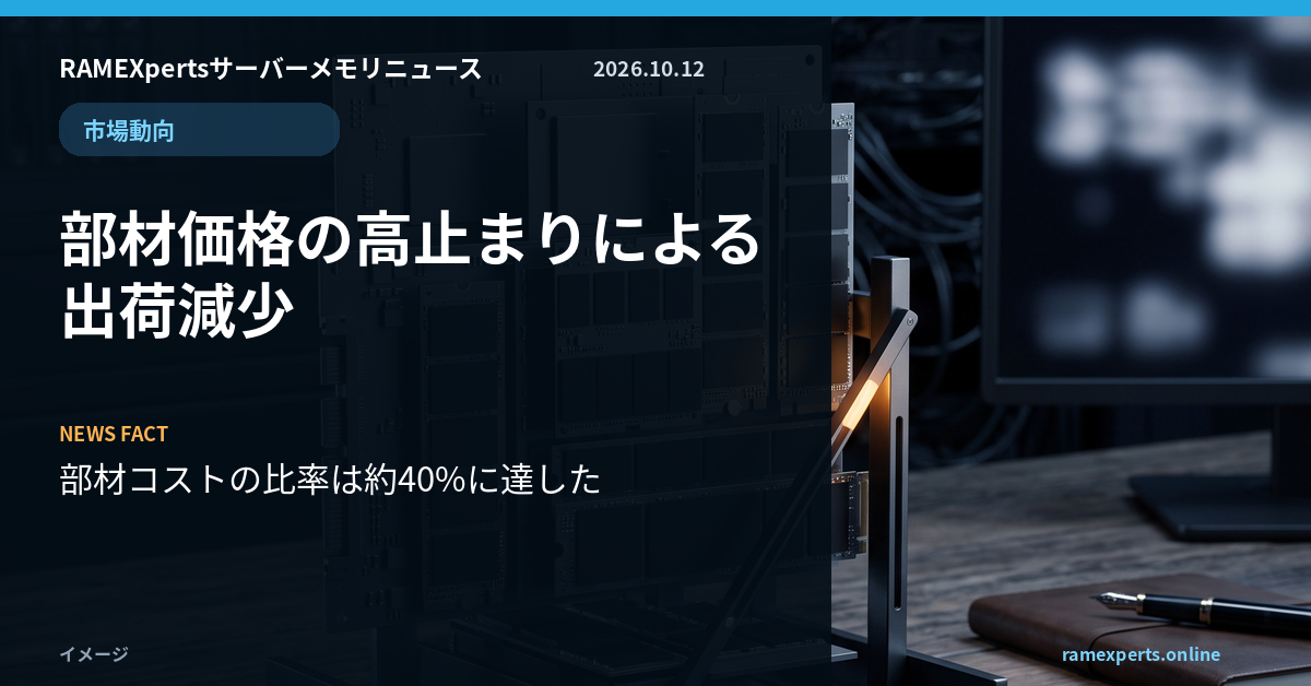 RAMEXpertsサーバーメモリニュース。市場動向。部材価格の高止まりによる出荷減少。注目データは部材コストの比率は約40%に達した。